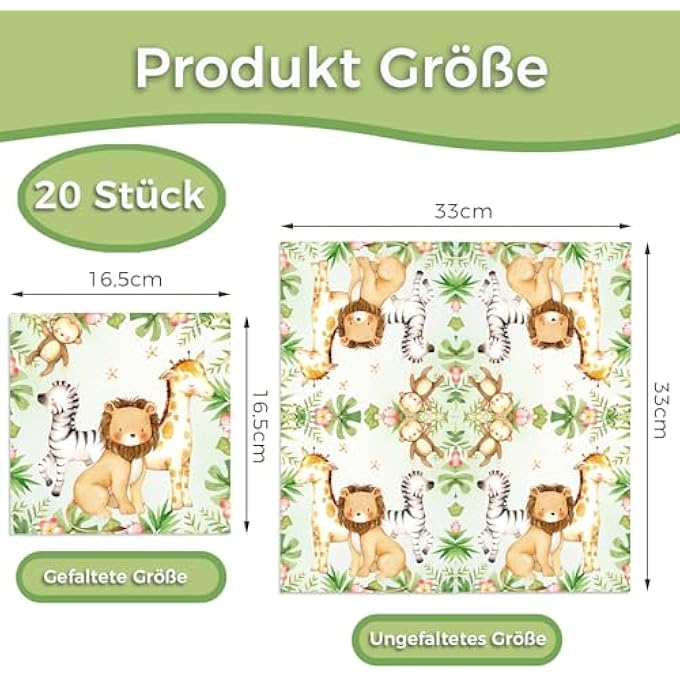 PACK OF 20 NAPKINS CHILDREN'S BIRTHDAY, JUNGLE DECORATION NAPKINS, WILD ONE BIRTHDAY DECORATION PAPER NAPKINS, NAPKINS FOREST ANIMALS, DISPOSABLE NAPKINS FOR FOREST ANIMALS BIRTHDAY PARTY, 33 X - Image 3